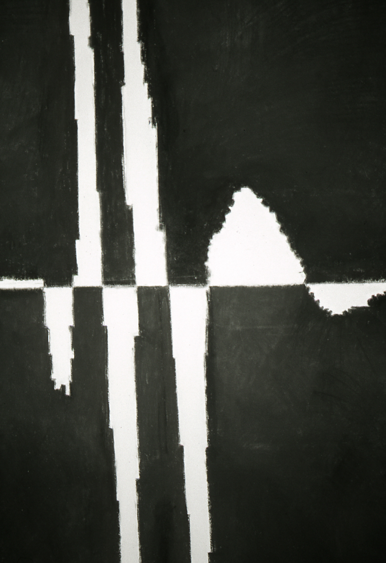 Installation: gap in the sea cliffs | 10 x 1.2 metresCompressed charcoal drawing of a computer-generated image of the words ‘gap in the sea cliffs’ which is the title of the exhibition and the meaning of ‘gate’ as in the name of the gallery and of the road on which it stands.  In addition, photographs and text on adjacent wall.