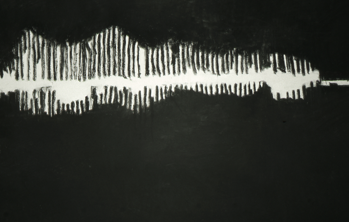 Installation: gap in the sea cliffs | 10 x 1.2 metresCompressed charcoal drawing of a computer-generated image of the words ‘gap in the sea cliffs’ which is the title of the exhibition and the meaning of ‘gate’ as in the name of the gallery and of the road on which it stands.  In addition, photographs and text on adjacent wall.